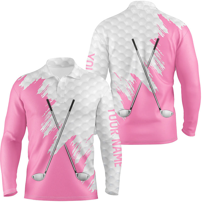 White golf ball pattern custom name golf clubs Mens golf polo shirts, team golf tops for men | Pink NQS8495