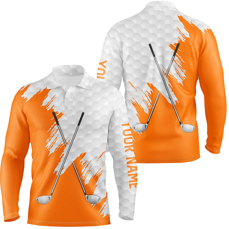 White golf ball pattern custom name golf clubs Mens golf polo shirts, team golf tops for men | Orange NQS8497