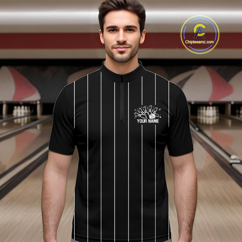 Black and White Plaid Bowling Polo, Quarter Zip shirts For Men Custom Bowling Team Uniform Jersey NQS10891