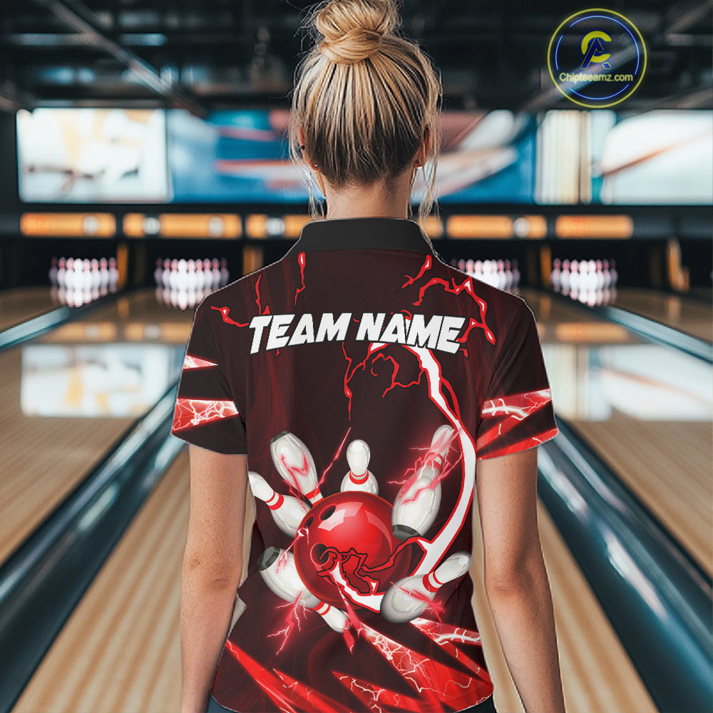 Red Thunder Lightning bowling ball and pins jersey Custom Team Bowling Polo, 1/4 Zip Shirt For Women NQS11281