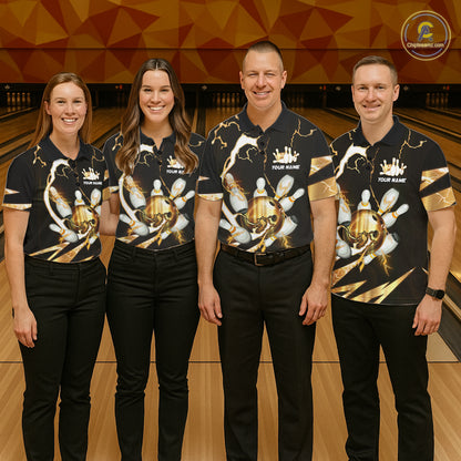 Gold Thunder Lightning bowling ball and pins jerseys Custom Team Bowling Polo, 1/4 Zip Shirts For Men NQS11282
