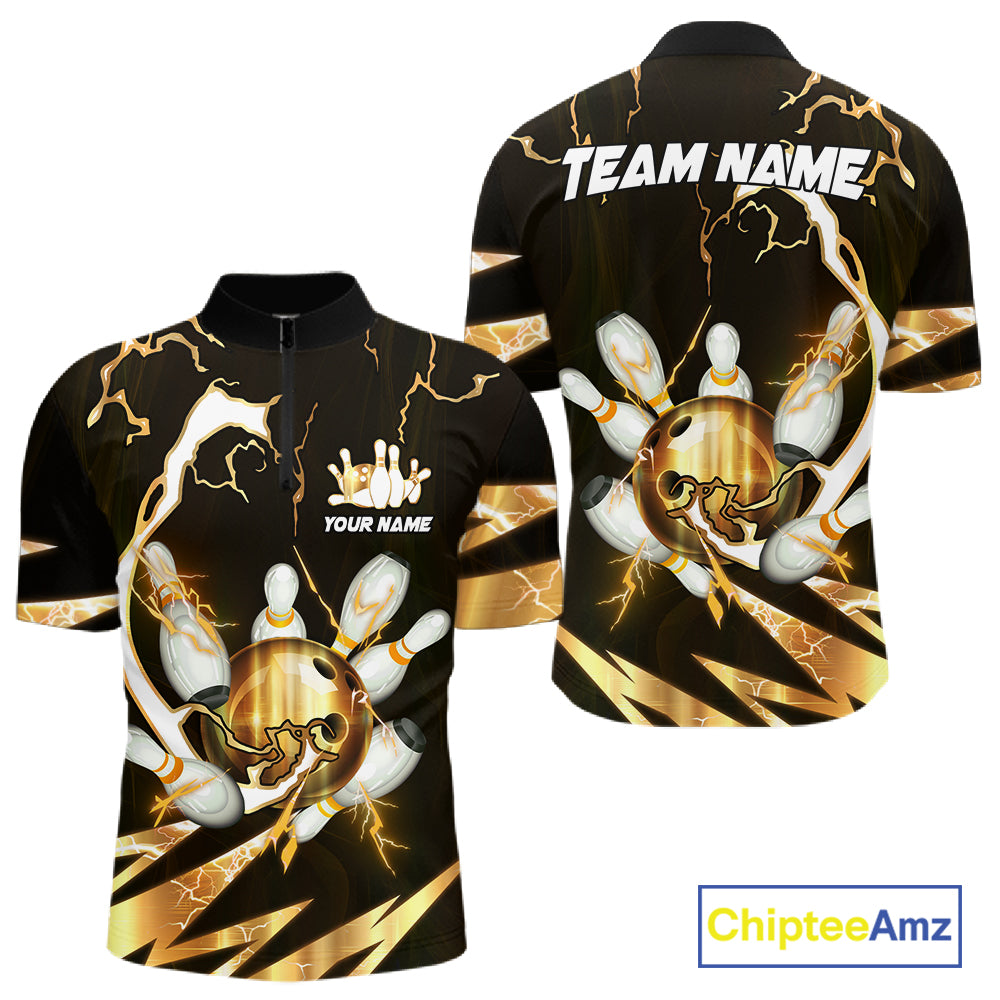 Gold Thunder Lightning bowling ball and pins jerseys Custom Team Bowling Polo, 1/4 Zip Shirts For Men NQS11282