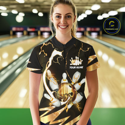Gold Thunder Lightning bowling ball and pins jersey Custom Team Bowling Polo, 1/4 Zip Shirt For Women NQS11282