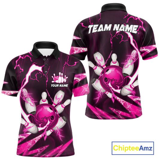 Pink Thunder Lightning bowling ball and pins jerseys Custom Team Bowling Polo, 1/4 Zip Shirts For Men NQS11283