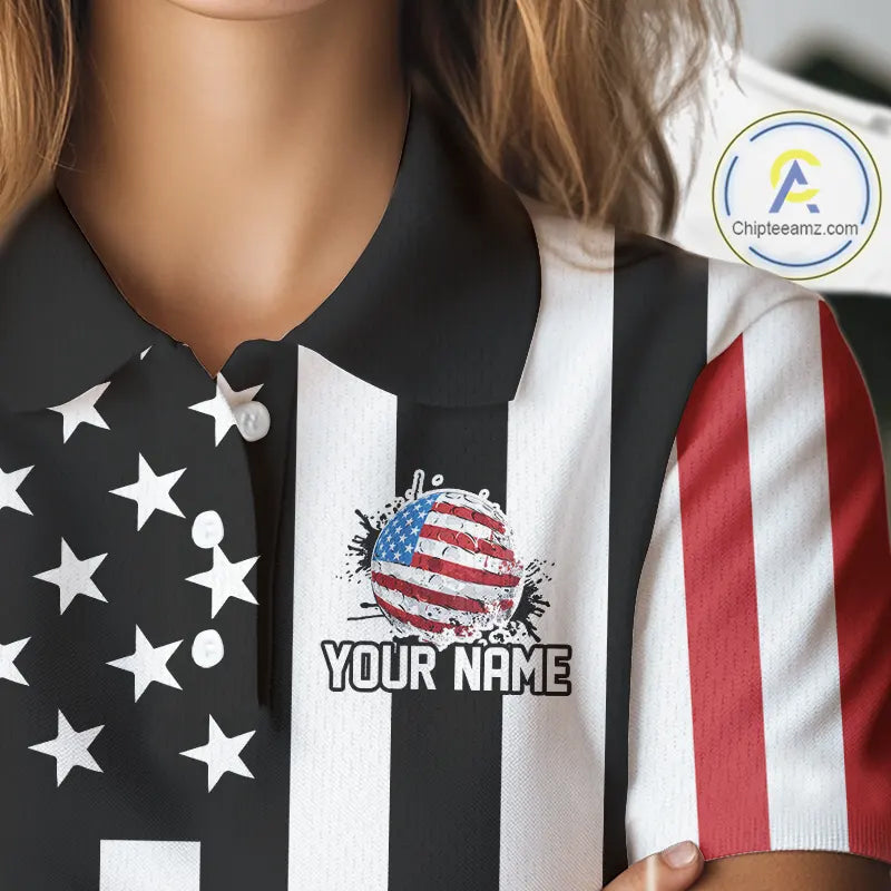 Women golf polo shirts custom Red, white and black American flag ladies golf tops, best golf gifts NQS11486