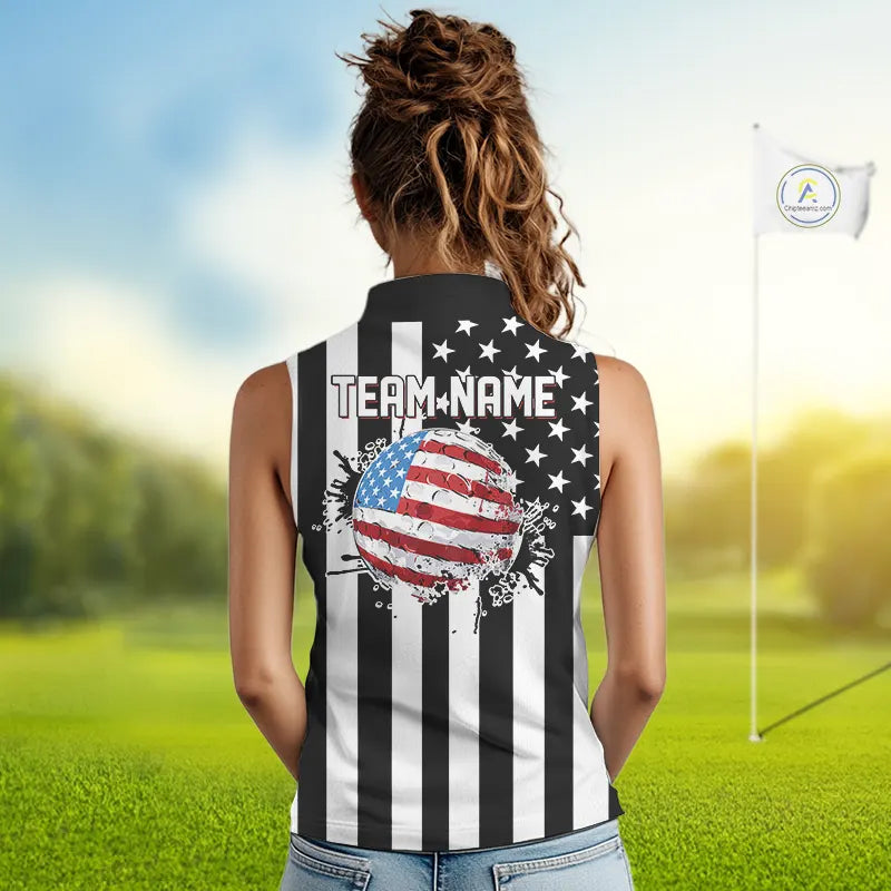 Women's Sleeveless golf polo shirts custom Red, white and black American flag Ladies Golf tops NQS11486