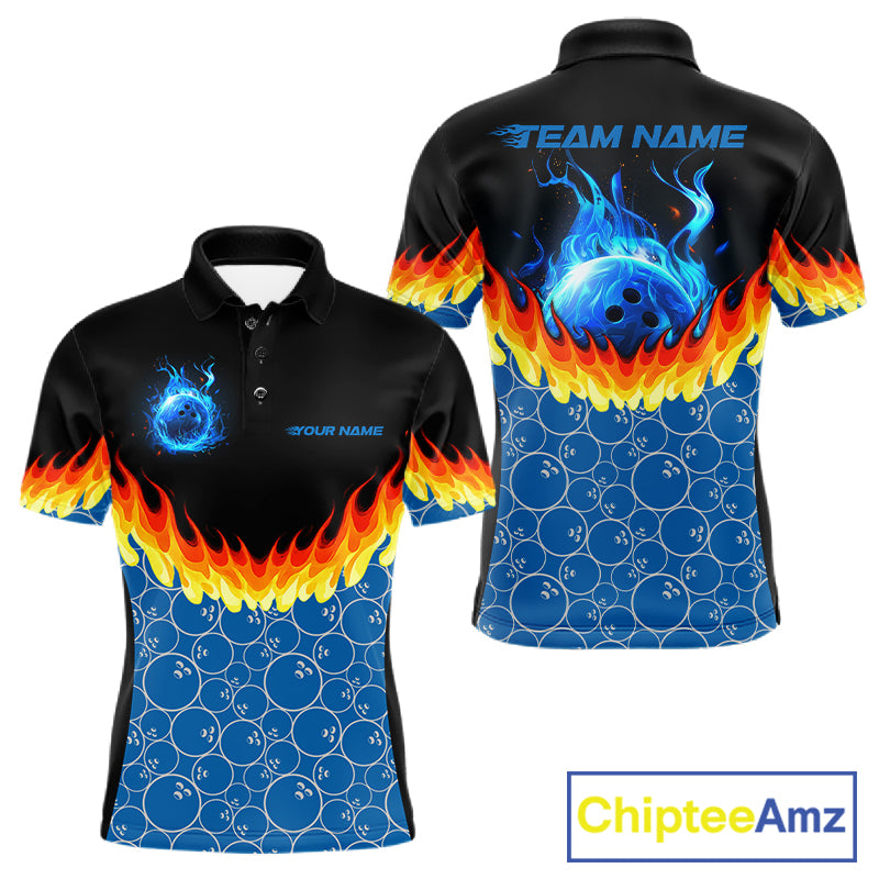 Black and Blue Camo Flame Bowling Polo, 1/4 zip shirts for Men Custom team men's bowling jerseys NQS11492