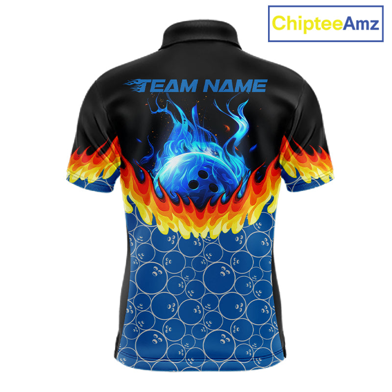 Black and Blue Camo Flame Bowling Polo, 1/4 zip shirts for Men Custom team men's bowling jerseys NQS11492