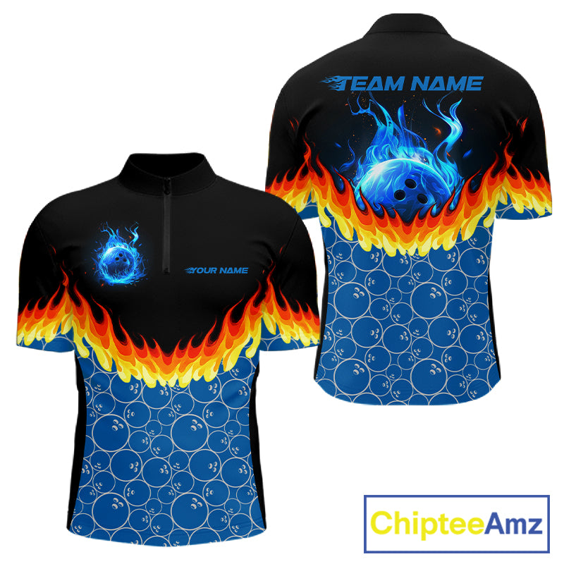 Black and Blue Camo Flame Bowling Polo, 1/4 zip shirts for Men Custom team men's bowling jerseys NQS11492
