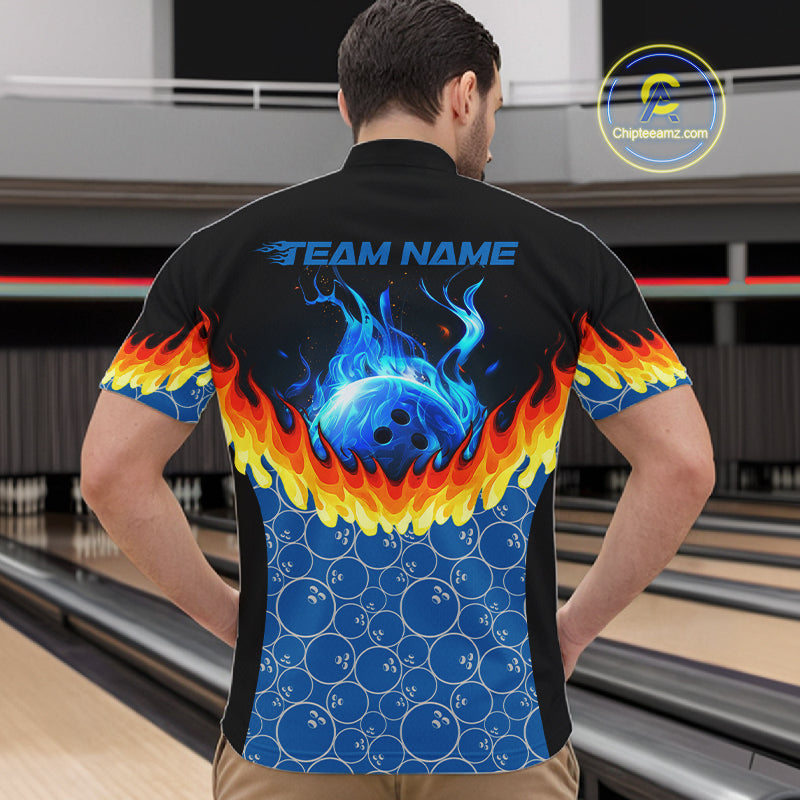 Black and Blue Camo Flame Bowling Polo, 1/4 zip shirts for Men Custom team men's bowling jerseys NQS11492