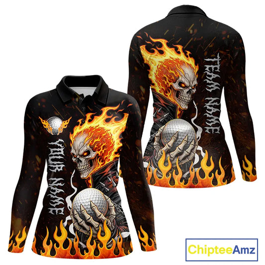 Custom Orange Flame Skull Golf Polo Shirts For Women,  team ladies golf tees cool golf gifts NQS11497