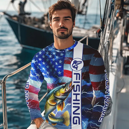 American Flag Walleye lightning Long Sleeve Fishing Shirts custom Patriotic Walleye fishing jerseys NQS9561