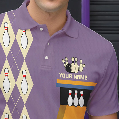 Yellow & Purple Retro Bowling Polo, Quarter Zip shirt for Men Custom vintage team bowling jersey NQS9720