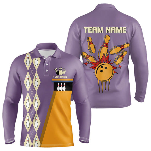 Yellow & Purple Retro Bowling Polo, Quarter Zip shirt for Men Custom vintage team bowling jersey NQS9720