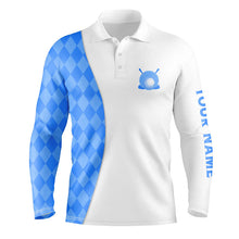 Load image into Gallery viewer, White Mens golf polo shirts custom blue argyle plaid pattern golf tops, best mens golf wear NQS7644