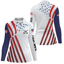 Load image into Gallery viewer, American flag Womens golf polo shirts custom Red, white and blue patriotic golf top, ladies golf shirt NQS7651