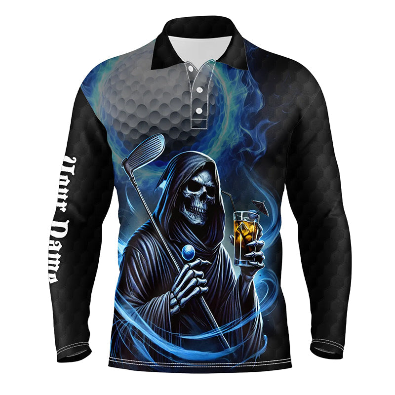 Funny Blue Fire reaper golf skull custom Men golf polo shirts, personalized funny golf gifts NQS8303