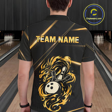 Load image into Gallery viewer, Black and Gold Flame Dragon Bowling Polo, Quarter Zip Shirt for Men Custom Bowling Team League Jersey NQS10904