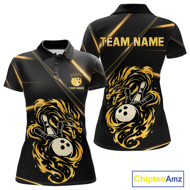 Black and Gold Flame Dragon Bowling Polo, 1/4 Zip Shirt for Women Custom Bowling Team League Jersey NQS10904