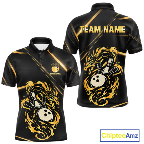 Black and Gold Flame Dragon Bowling Polo, Quarter Zip Shirt for Men Custom Bowling Team League Jersey NQS10904