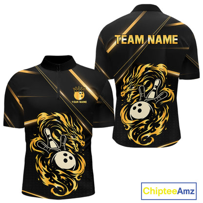 Black and Gold Flame Dragon Bowling Polo, Quarter Zip Shirt for Men Custom Bowling Team League Jersey NQS10904