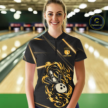 Load image into Gallery viewer, Black and Gold Flame Dragon Bowling Polo, 1/4 Zip Shirt for Women Custom Bowling Team League Jersey NQS10904