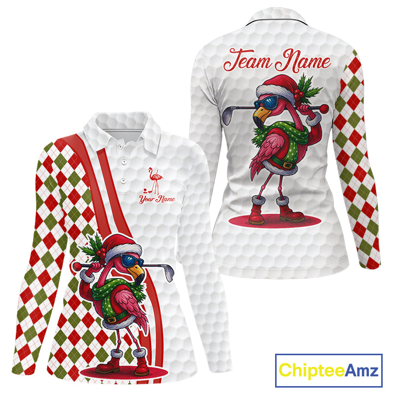 Funny Christmas Flamingo Women golf polo shirt custom red, green and white argyle pattern golf shirts NQS11086