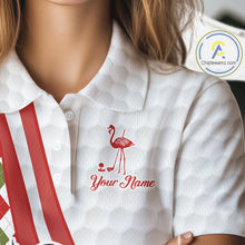 Load image into Gallery viewer, Funny Christmas Flamingo Women golf polo shirt custom red, green and white argyle pattern golf shirts NQS11086