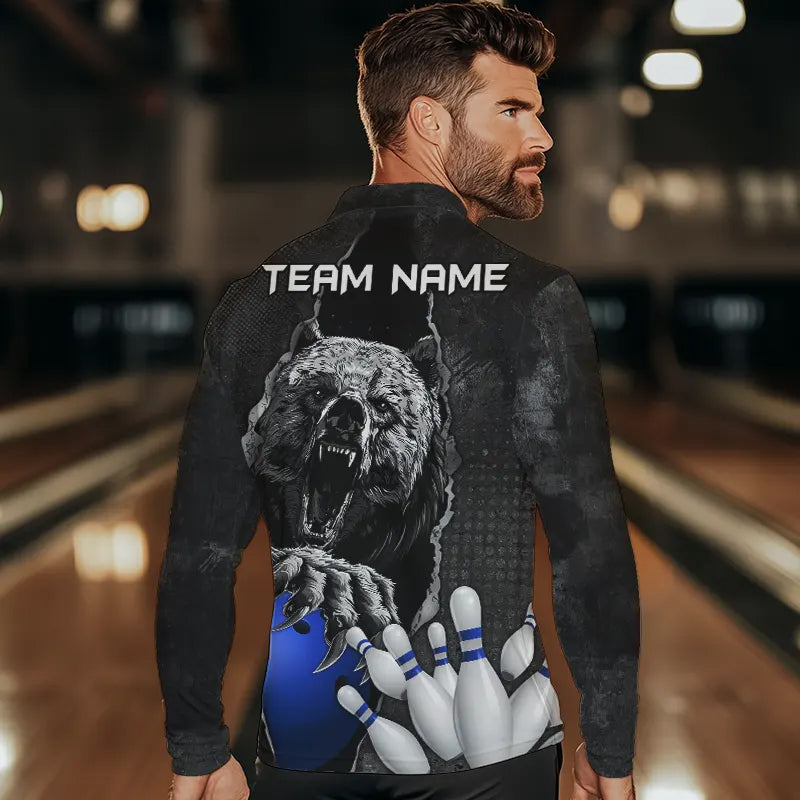 Black Bear grunge pattern Custom Men Bowling Polo, 1/4 Zip Shirts Bowling Team Jerseys Outfits | Blue NQS9407