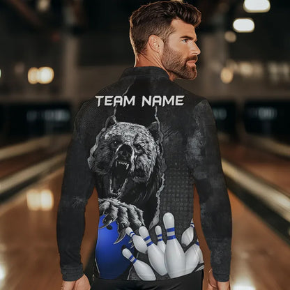 Black Bear grunge pattern Custom Men Bowling Polo, 1/4 Zip Shirts Bowling Team Jerseys Outfits | Blue NQS9407