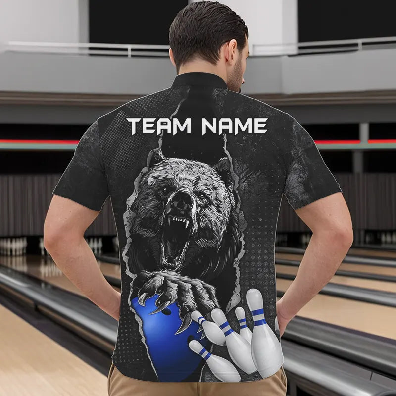 Black Bear grunge pattern Custom Men Bowling Polo, 1/4 Zip Shirts Bowling Team Jerseys Outfits | Blue NQS9407