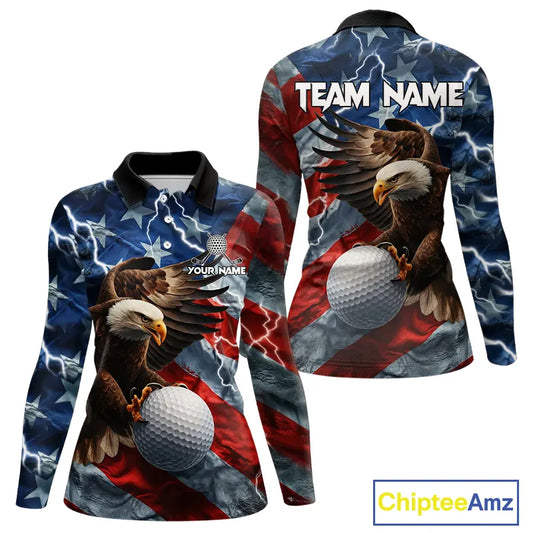American Flag Eagle Lightning Thunder Golf Polo Shirts For Women Custom Patriotic Golf Team Jerseys NQS11503