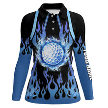 Load image into Gallery viewer, Women golf polo shirts custom black and blue flame golf ball golf outfits for ladies NQS7867
