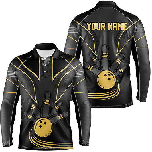 Personalized Men Bowling Polo, Quarter Zip Shirt Black and Gold Men Bowlers Custom Team Bowling Jersey NQS8313