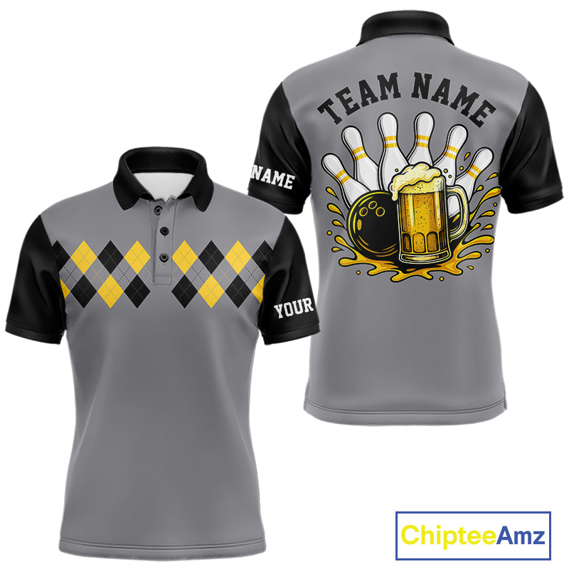 Black & Yellow argyle pattern retro Bowling Shirts For Men Custom Bowling and Beer Team Jersey | Gray NQS11095