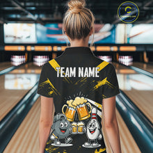 Load image into Gallery viewer, Custom Black And Yellow Funny Beer Bowling Women Polo, Quarter Zip Shirts, funny bowling shirts NQS11098