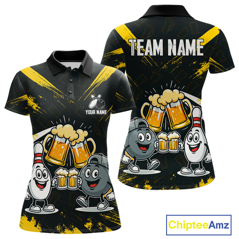 Custom Black And Yellow Funny Beer Bowling Women Polo, Quarter Zip Shirts, funny bowling shirts NQS11098