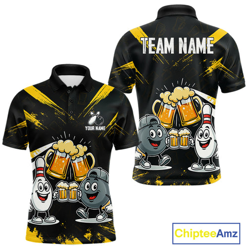 Custom Black And Yellow Funny Beer Bowling Men Polo, Quarter Zip Shirts, funny bowling shirts NQS11098