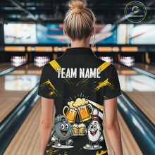 Load image into Gallery viewer, Custom Black And Yellow Funny Beer Bowling Women Polo, Quarter Zip Shirts, funny bowling shirts NQS11098