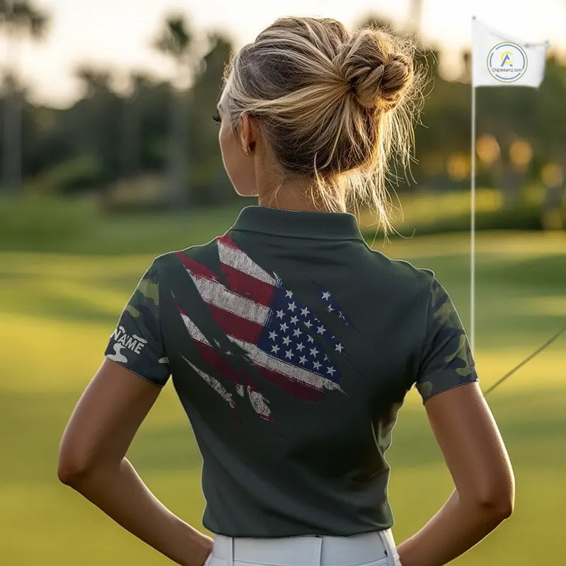 American Flag Green camo Women's Golf polo shirts Custom patriotic golf attire for ladies NQS11289