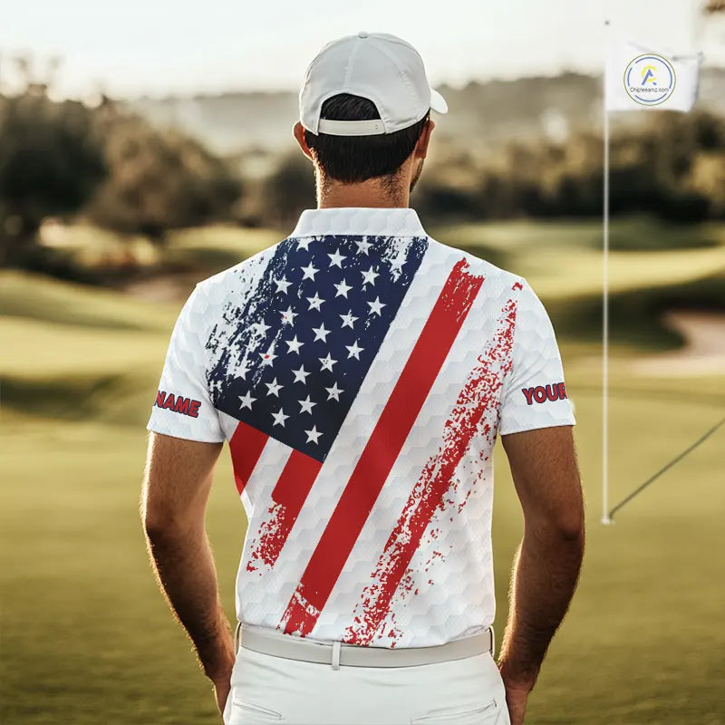 Red, white & blue American Flag Mens Golf polo shirts Custom patriotic golf outfit for men NQS11291