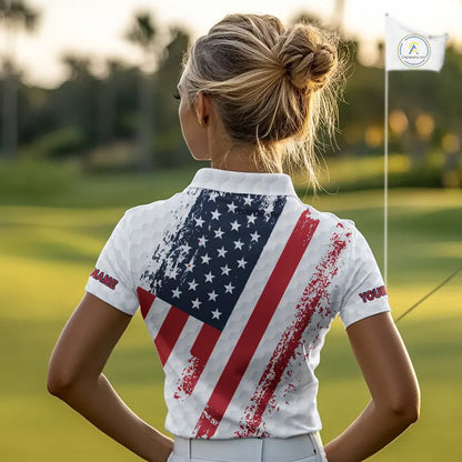 Red, white & blue American Flag Womens Golf polo shirts Custom patriotic golf outfit for ladies NQS11291