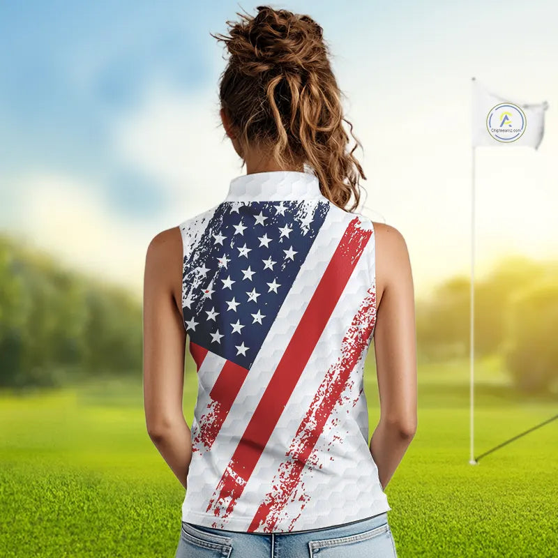 Red, white & blue American Flag Womens Sleeveless polo shirts Custom patriotic golf outfit for ladies NQS11291