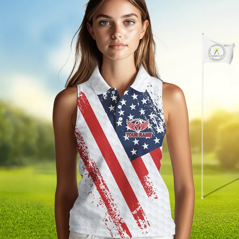 Red, white & blue American Flag Womens Sleeveless polo shirts Custom patriotic golf outfit for ladies NQS11291