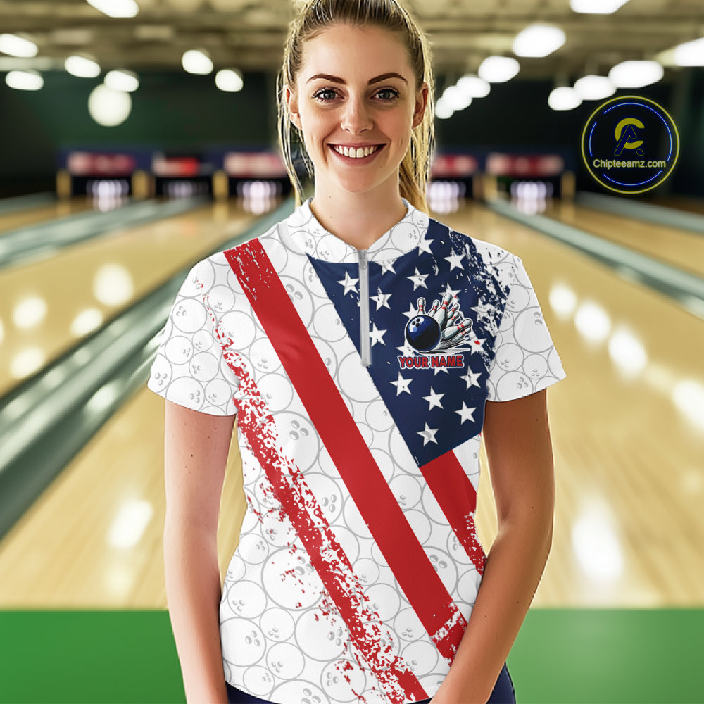 Red, white & blue American Flag Bowling Shirts For Women Custom patriotic Bowling Team Jersey NQS11292