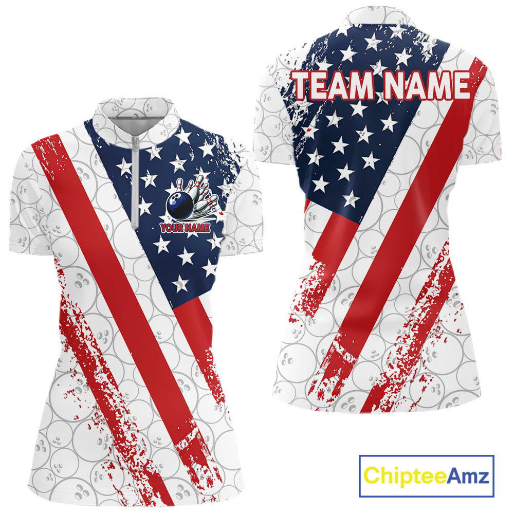 Red, white & blue American Flag Bowling Shirts For Women Custom patriotic Bowling Team Jersey NQS11292