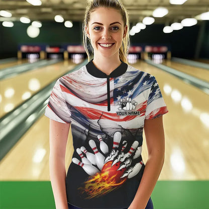 American flag Flame Bowling Polo, Quarter Zip shirts For Women custom patriotic bowling team jersey NQS9416