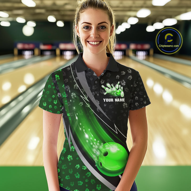 Black and Green Shamrock pattern Bowling Shirts for Women Custom St Patrick Team Bowling jerseys NQS11513