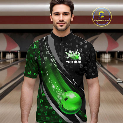 Black and Green Shamrock pattern Bowling Shirts for Men Custom St Patrick Team Bowling jerseys NQS11513