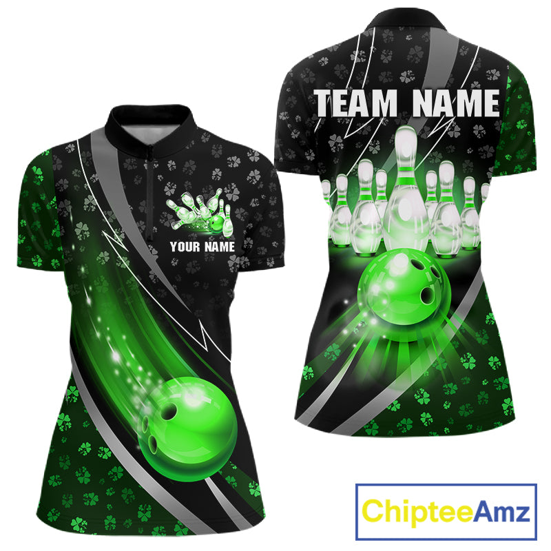 Black and Green Shamrock pattern Bowling Shirts for Women Custom St Patrick Team Bowling jerseys NQS11513